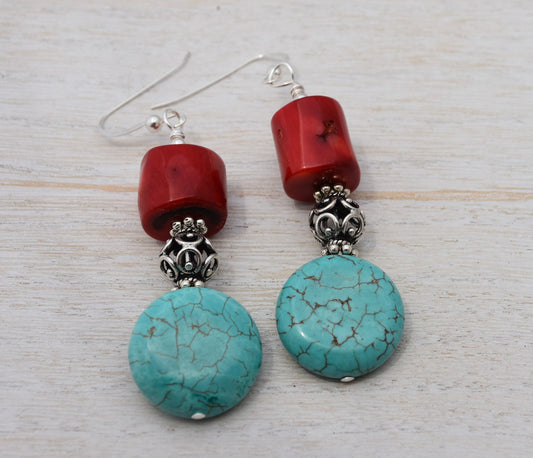Turquoise Howlite and Coral Earrings