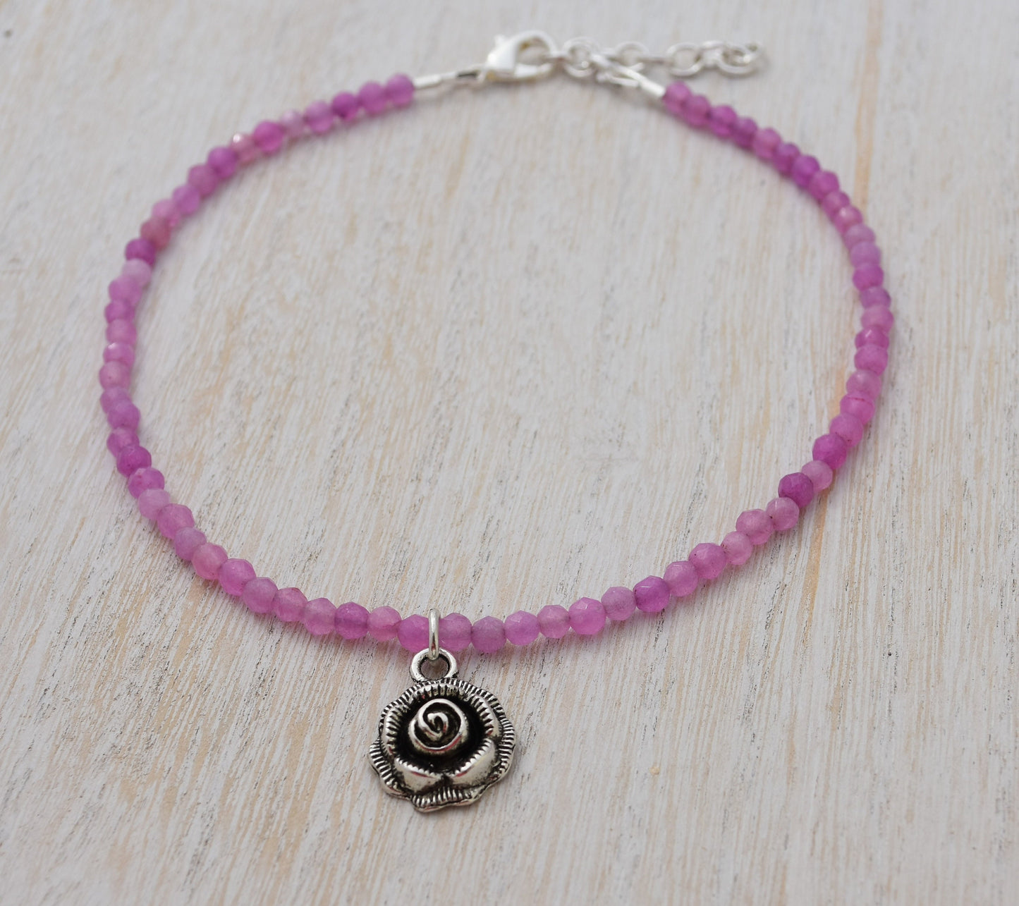 Pink Agate Bead Rose Ankle Bracelet