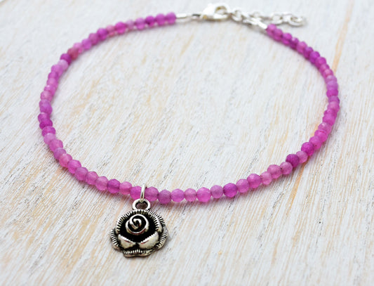Pink Agate Bead Rose Ankle Bracelet