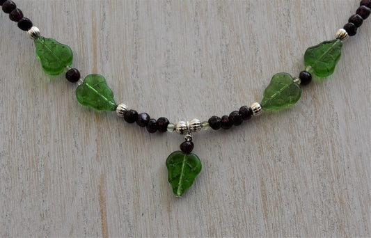 Garnet and Glass Leaf Necklace
