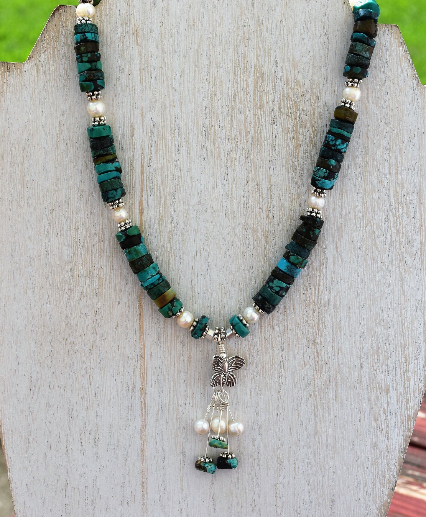 Turquoise and Pearl Butterfly Choker Necklace