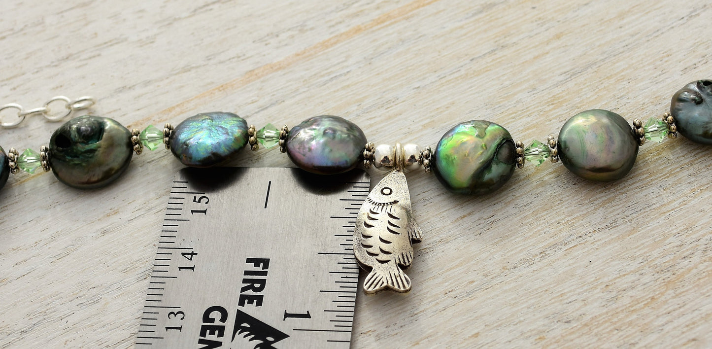 Coin Pearl Silver Fish Pendant Ankle Bracelet