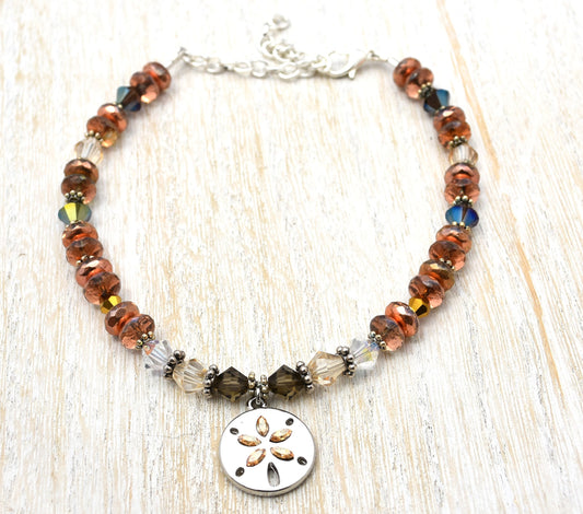 Adjustable Sand Dollar and Crystal Ankle Bracelet