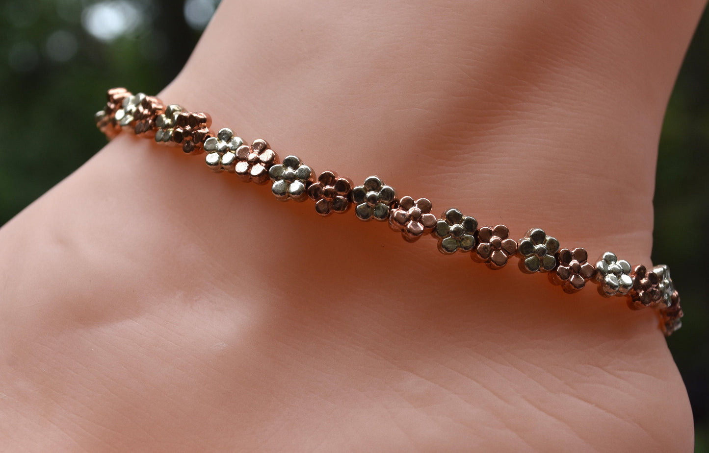 Flower Bead Ankle Bracelet, Adjustable to 11 inches