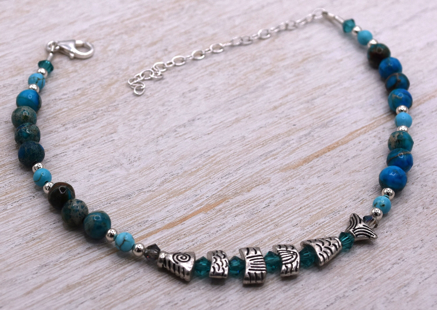 Adjustable Blue Agate Fish Bead Ankle Bracelet, Sterling Silver