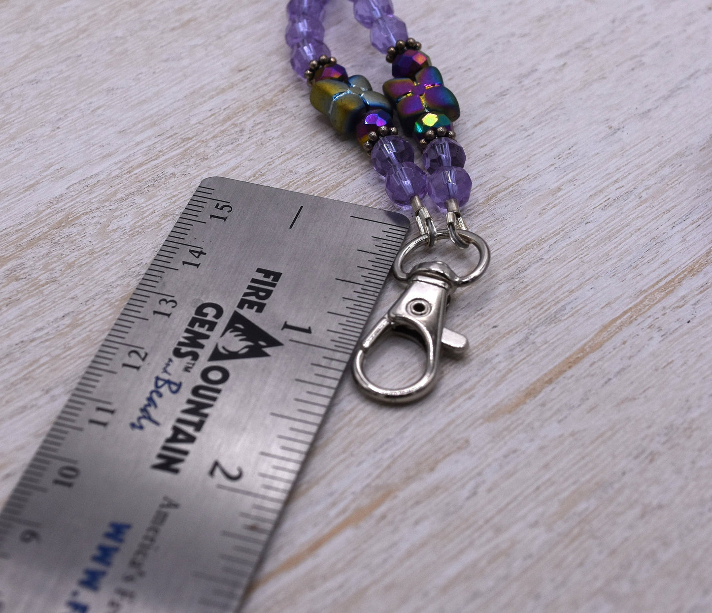 Adjustable Purple Flower Beaded Lanyard, Swivel Clip, 26"