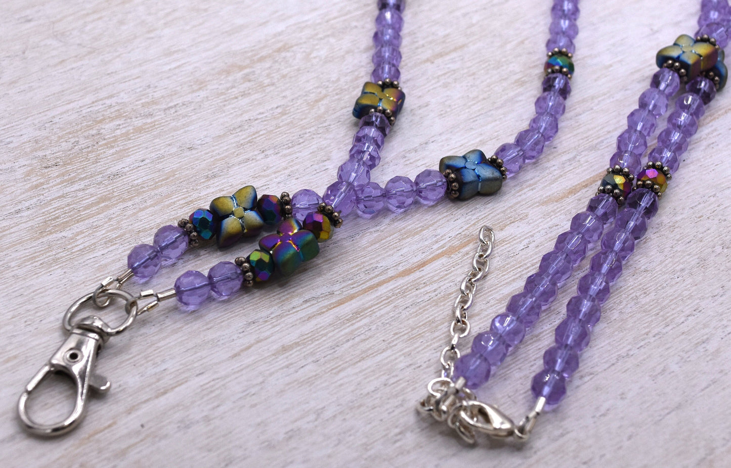 Adjustable Purple Flower Beaded Lanyard, Swivel Clip, 26"