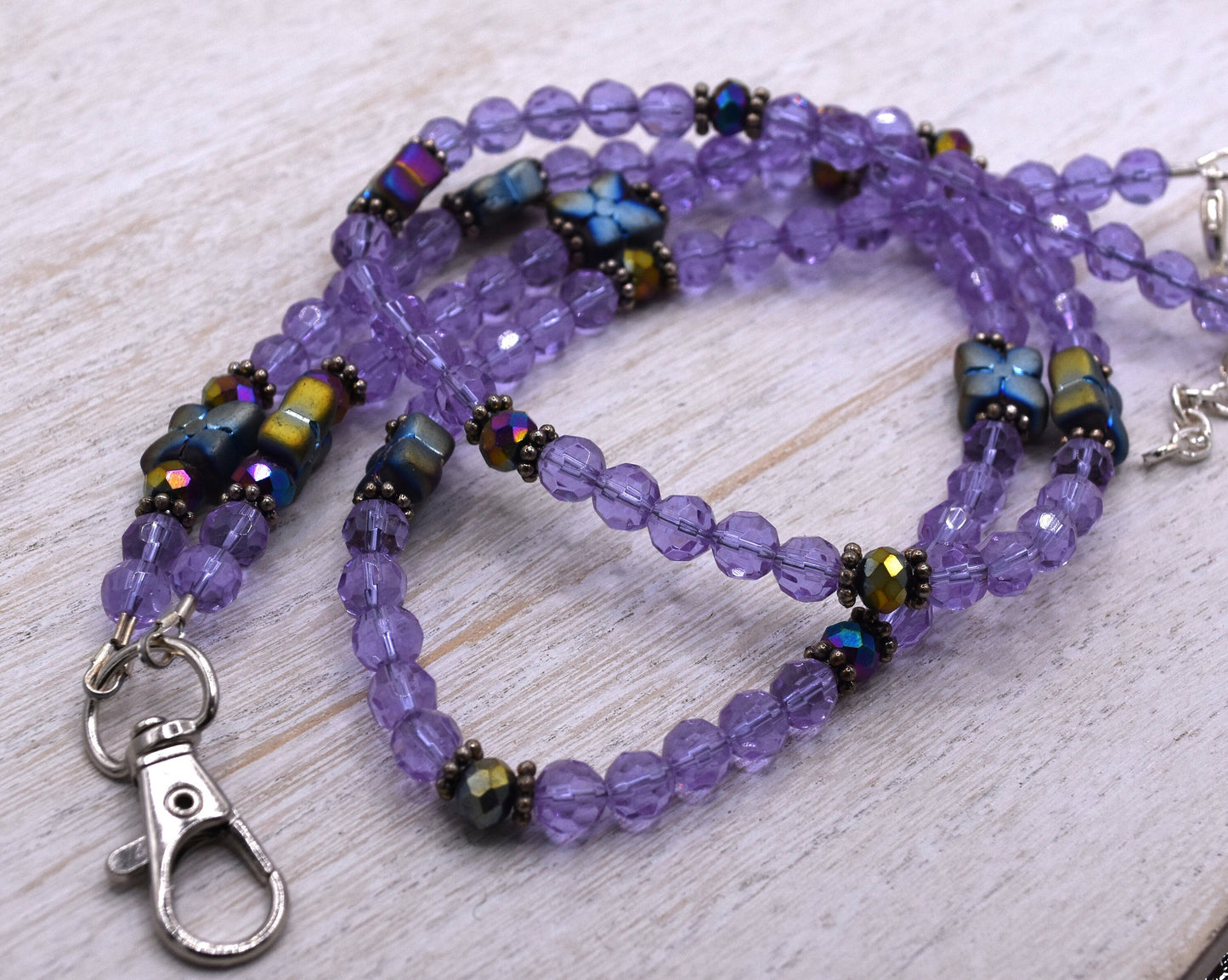 Adjustable Purple Flower Beaded Lanyard, Swivel Clip, 26"