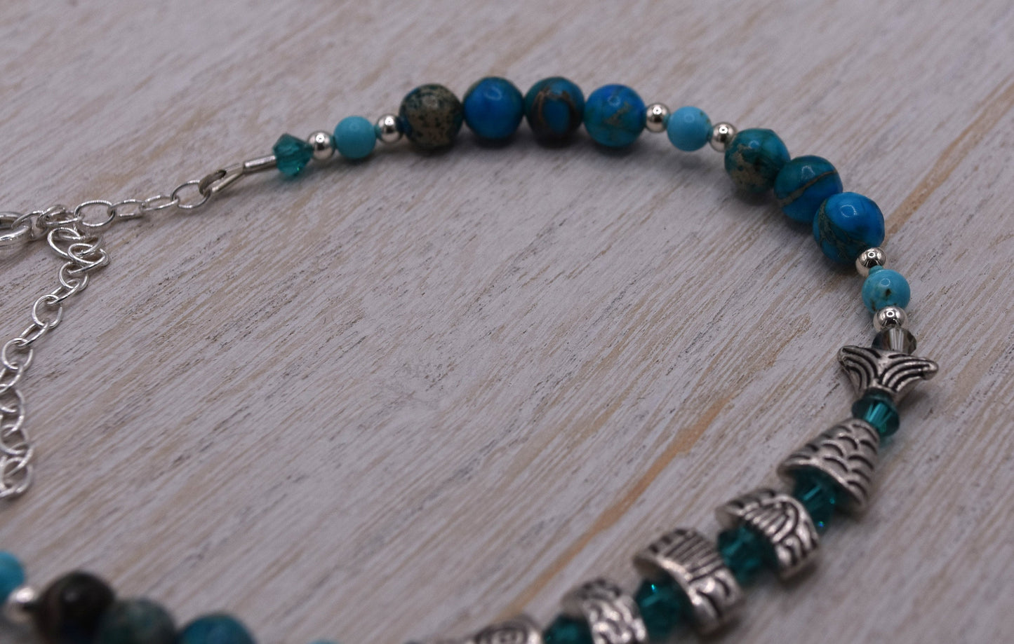 Adjustable Blue Agate Fish Bead Ankle Bracelet, Sterling Silver