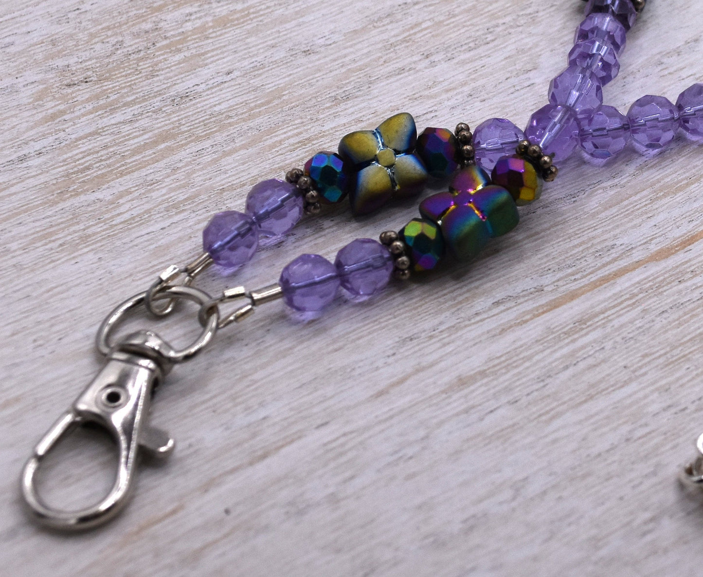 Adjustable Purple Flower Beaded Lanyard, Swivel Clip, 26"