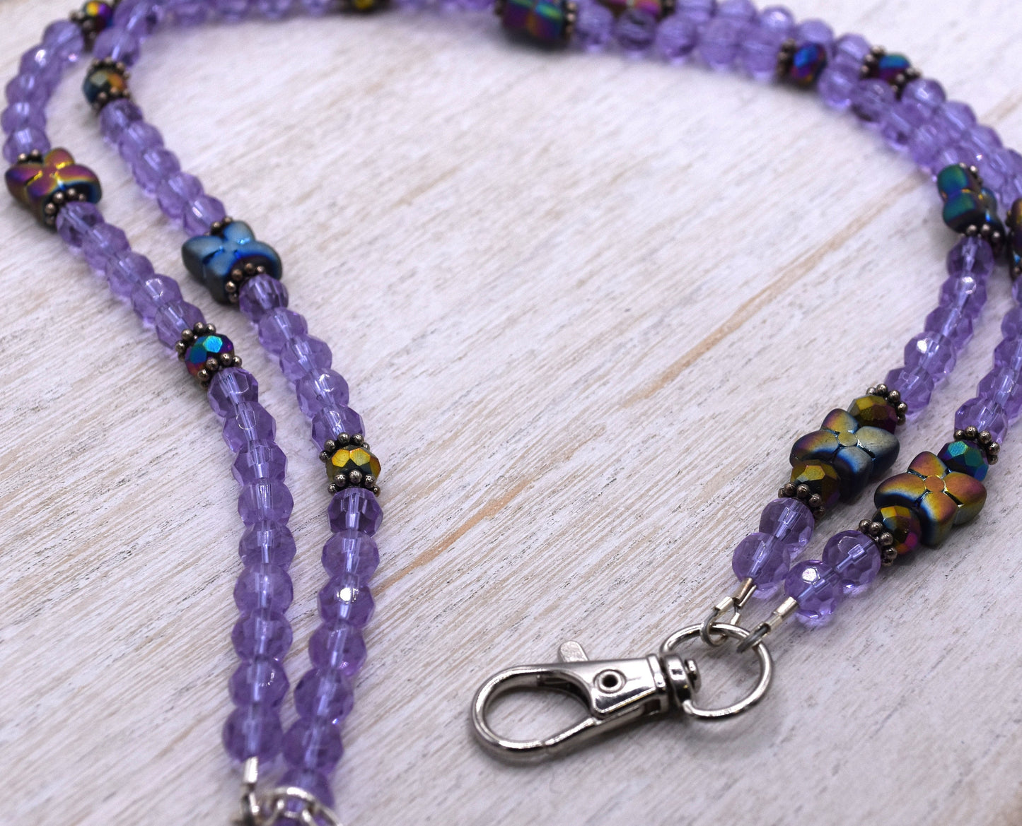 Adjustable Purple Flower Beaded Lanyard, Swivel Clip, 26"